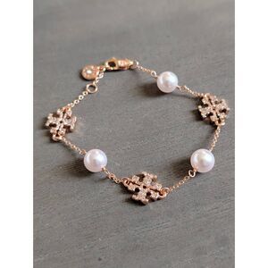 TORY BURCH Kira Pave Logo Delicate Pearl Rose Gold Chain Bracelet